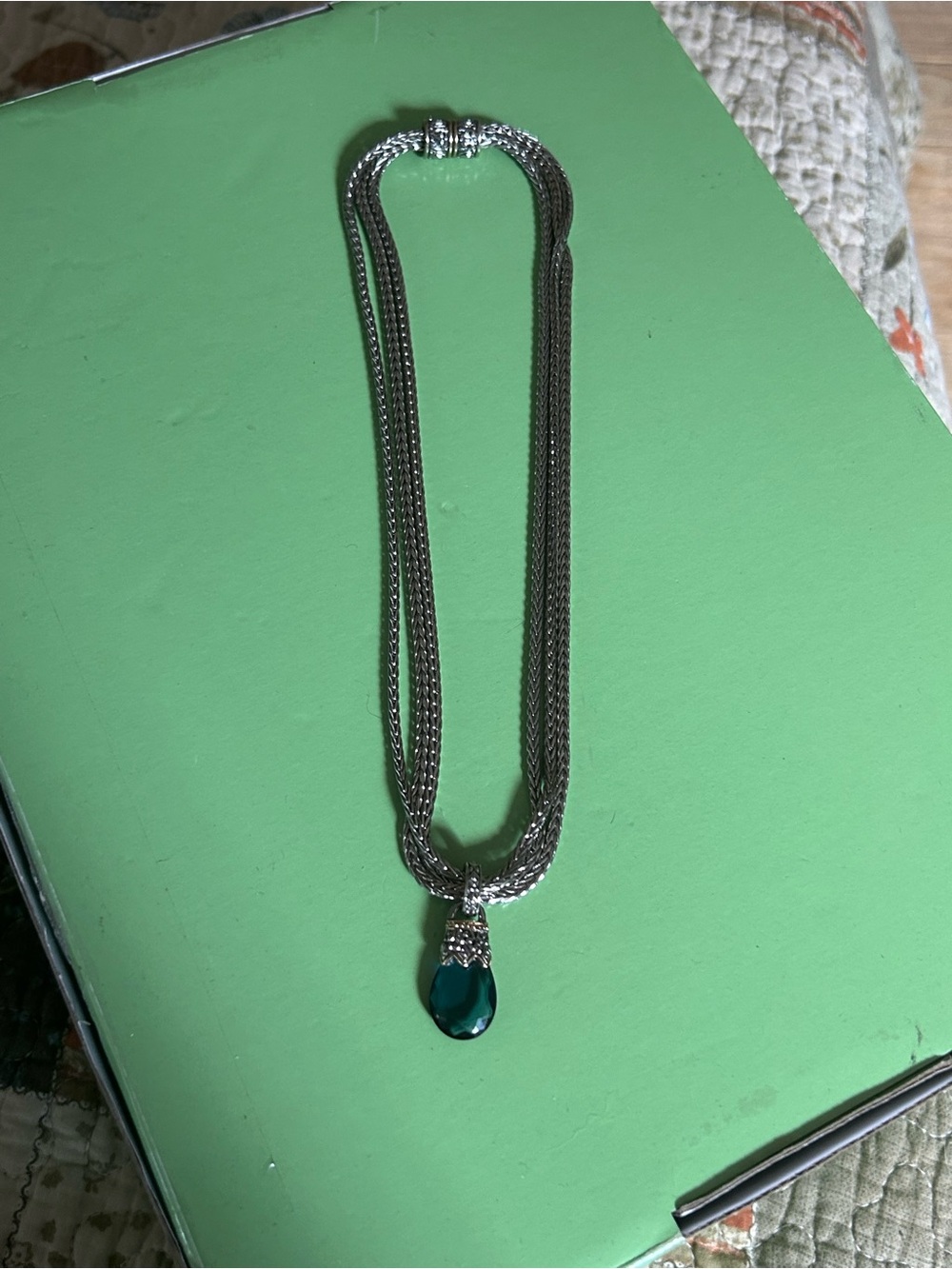 Silver Multi-Strand Necklace with Blue Pendant